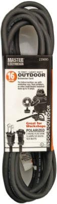 Master Electrician 02210ME 15' Foot 16/2 13A SJOW Black Round Vinyl Indoor & Outdoor Extension Cord - Quantity of 12