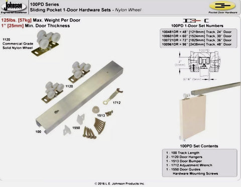 L E Johnson 100721DR 72" HD  Aluminum Single Pocket Door Track Hardware Kit - Quantity of 1