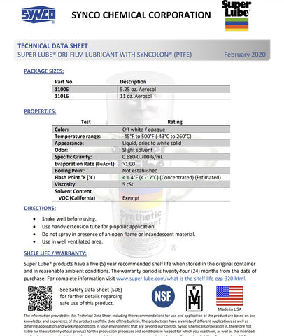 Synco Super Lube 11016 11 oz Can Of Dri-FIlm Lubricant - Quantity of 6