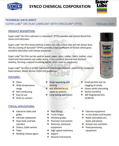 Synco Super Lube 11016 11 oz Can Of Dri-FIlm Lubricant - Quantity of 6