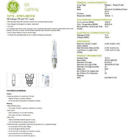 GE Lighting 12715 75-Watt 120V E11 T3 Halogen Mini Candelabra Tube Light Bulb