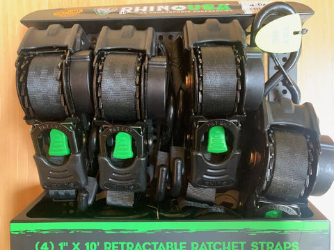 Rhino TD-RSRE1X10-BLK-R 4-Count Pack of Black Retractable 1" Inch x 10' Ft. Retractable Ratchet Straps