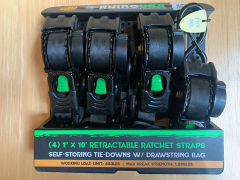 Rhino TD-RSRE1X10-BLK-R 4-Count Pack of Black Retractable 1" Inch x 10' Ft. Retractable Ratchet Straps