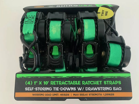 Rhino TD-RSRE1X10-GRN-R 4-Count Pack of Green Retractable 1" Inch x 10' Ft. Retractable Ratchet Straps