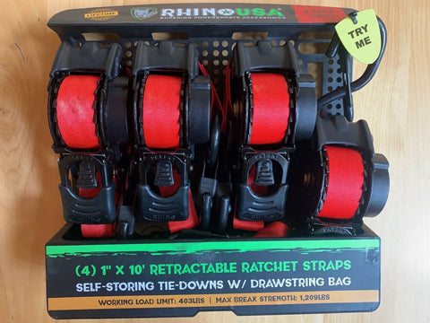 Rhino TD-RSRE1X10-RED-R 4-Count Pack of Red Retractable 1" Inch x 10' Ft. Retractable Ratchet Straps