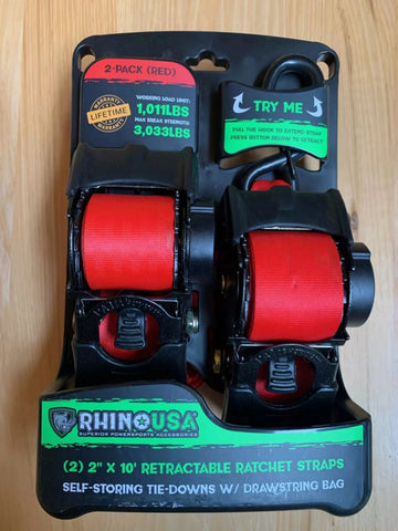 Rhino TD-RSRE2X10-RED-R 2-Count Pack of Red Retractable 2" Inch x 10' Ft. Retractable Ratchet Straps