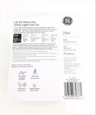 GE 75337 2-Count Pack of 25 Watt Crystal Clear Faceted Flame Shape Candelabra Light Bulbs