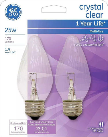GE 75337 2-Count Pack of 25 Watt Crystal Clear Faceted Flame Shape Candelabra Light Bulbs