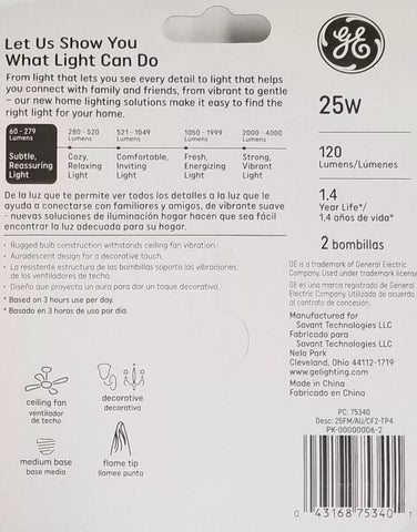 GE 75340 2-Count Pack of Flame Shape 25 Watt Auradescent Light Bulbs