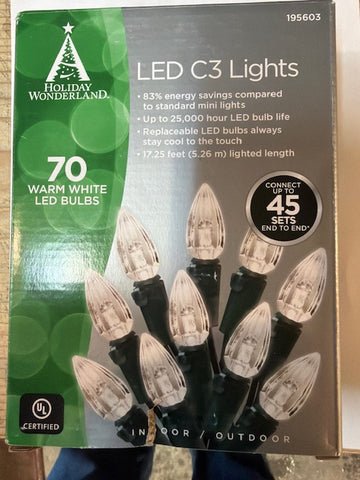 Holiday Wonderland 47696-88A Holiday LED 70-Light C3 Warm White Faceted Bulb String Light Set