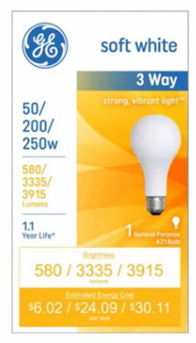 GE 93130573 50/200/250 Watt Soft White 3-Way Light Bulb