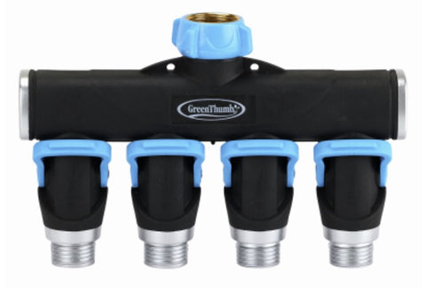 Green Thumb 357GTDI Metal Full Flow 4-Way Garden Hose Faucet Splitter With Shut Offs - Quantity of 1