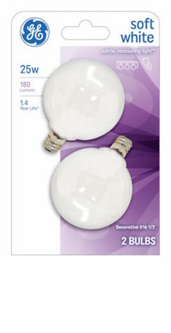 GE 44412 Incandescent Globe Light Bulbs Lamps White 2-Pack 25 Watt