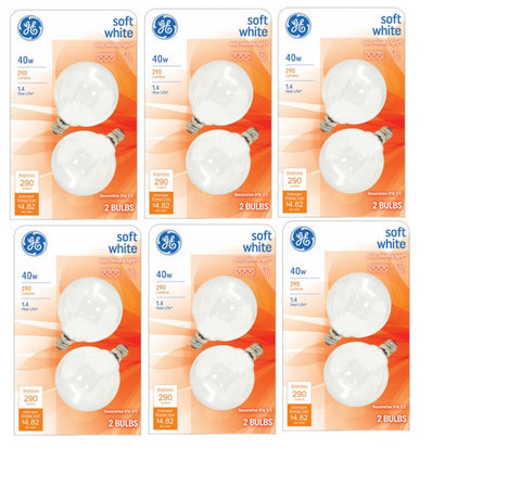 GE 44414 2 Pack 40 Watt Soft White Globe Light Bulbs w Candelabra Base Incandescent Lamps