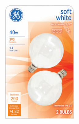 GE 44414 2 Pack 40 Watt Soft White Globe Light Bulbs w Candelabra Base Incandescent Lamps