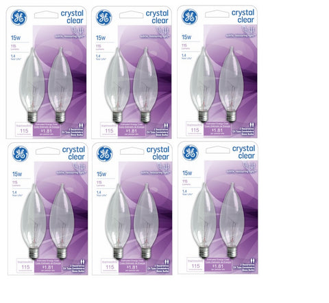 GE 48396 2 Pack Crystal Clear Bent Tip 15 Watt Decorative Candelabra Incandescent Light Bulbs