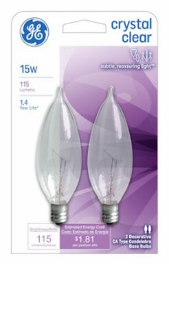 GE 48396 2 Pack Crystal Clear Bent Tip 15 Watt Decorative Candelabra Incandescent Light Bulbs