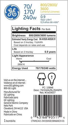 GE 15846 70 170 240 Watt Soft White 3-Way Reader Light Bulb
