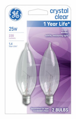 GE 66104 25 Watt 2 Pack Crystal Clear Bent Tip Candelabra Base Incandescent Light Bulbs