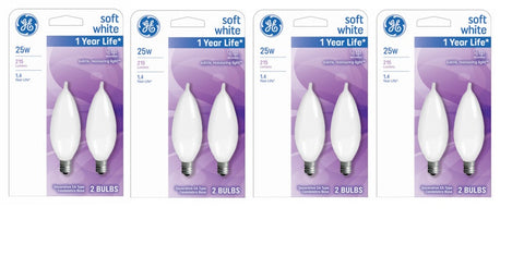 GE 66105 2 Pack 25 Watt Soft White Flame Shape Decorative Incandescent Candelabra Light Bulbs