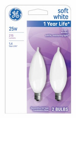 GE 66105 2 Pack 25 Watt Soft White Flame Shape Decorative Incandescent Candelabra Light Bulbs