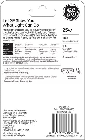 GE 31107 2-Count Pack of 25 Watt 180 Lumen Medium Base Globe Light Bulbs