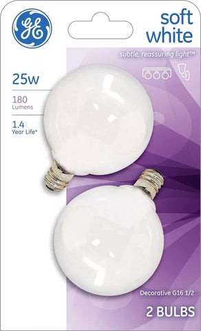 GE 31107 2-Count Pack of 25 Watt 180 Lumen Medium Base Globe Light Bulbs