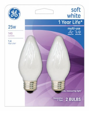 GE 75338 Soft White Flame Shape 25 W Light Bulb 2Pack Incadescent Ceiling Fan Candelabra Lamps