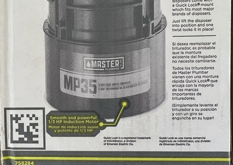 Master Plumber MP35 1/3 HP Kitchen Waste Disposer / Disposal - Quantity of 1