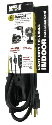 Master Electrician 04005ME 6' 16/3 SJTW Black Indoor Extension Cords With Inline Switch - Quantity of 4