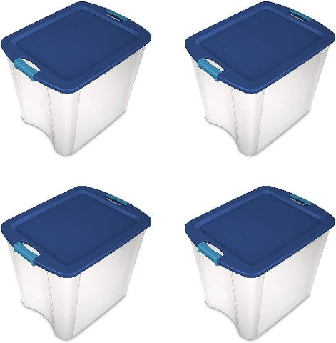 Sterilite 14489604 26 Gallon Latch & Carry Clear Base / Blue Lid Tote Storage Box - Quantity of 4