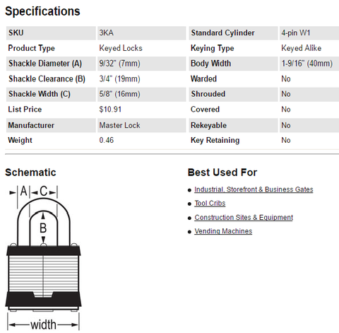 Master Lock 3KA-3221 Keyed Alike 1-1/2" Laminated Padlock