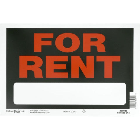 Hillman 839926 8" x 12" Black & Red Weatherproof Plastic For Rent Sign - Quantity of 48