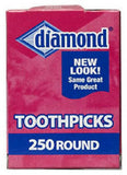 Diamond 535376822 250 Count Box Of Round Wooden / Wood Toothpicks - Quantity of 36